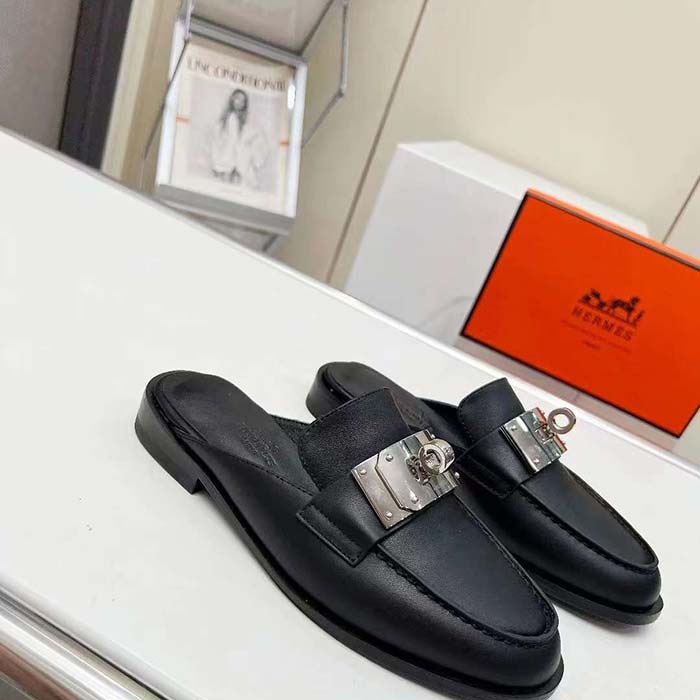 Hermes Unisex Iota Mule Noir Black Leather Oversized Kelly Buckle