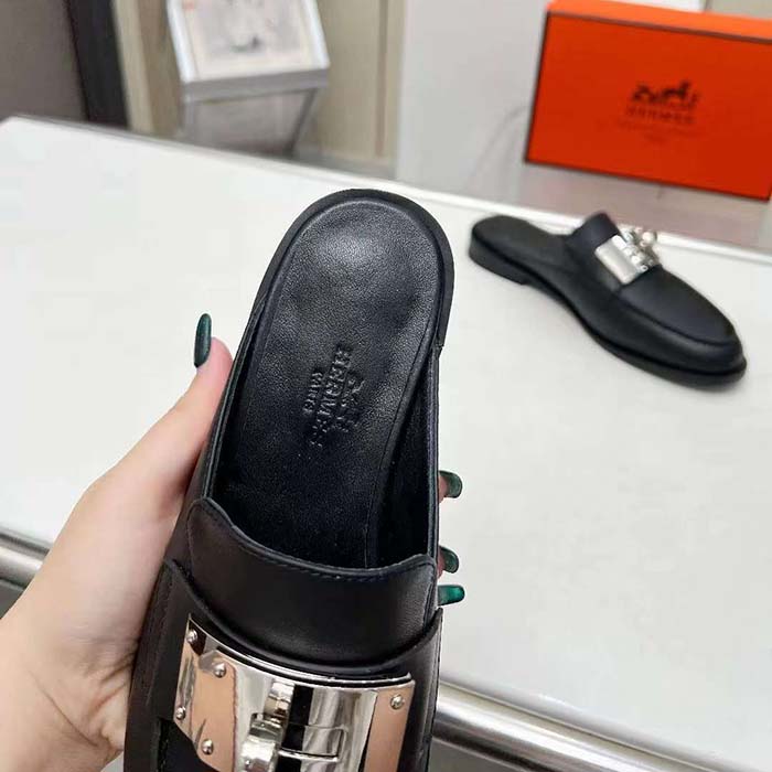 Hermes Unisex Iota Mule Noir Black Leather Oversized Kelly Buckle