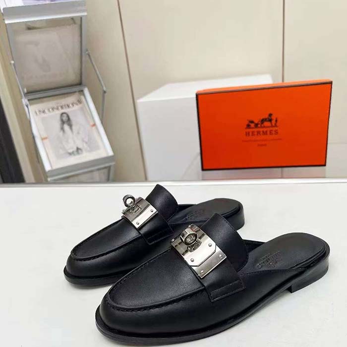 Hermes Unisex Iota Mule Noir Black Leather Oversized Kelly Buckle