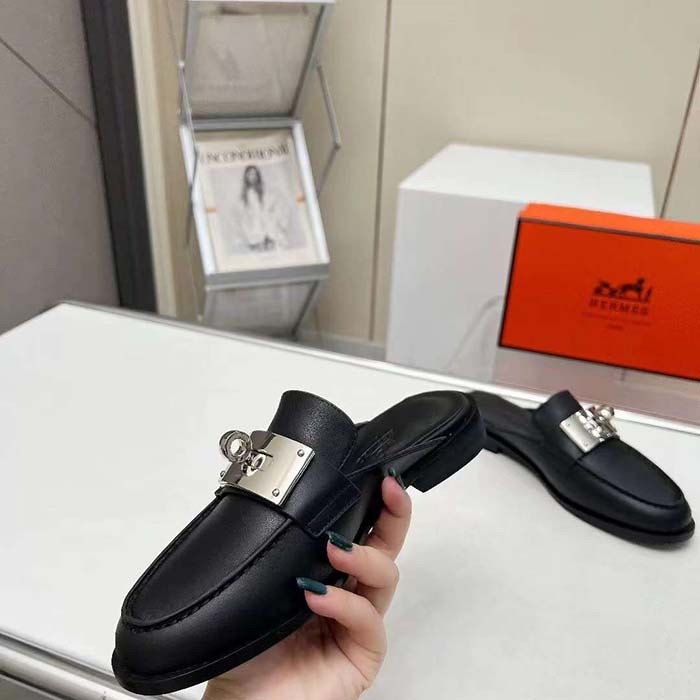 Hermes Unisex Iota Mule Noir Black Leather Oversized Kelly Buckle