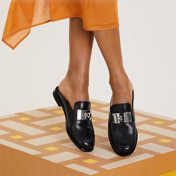 Hermes Unisex Iota Mule Noir Black Leather Oversized Kelly Buckle