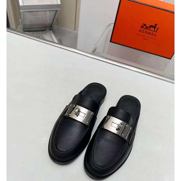 Hermes Unisex Iota Mule Noir Black Leather Oversized Kelly Buckle