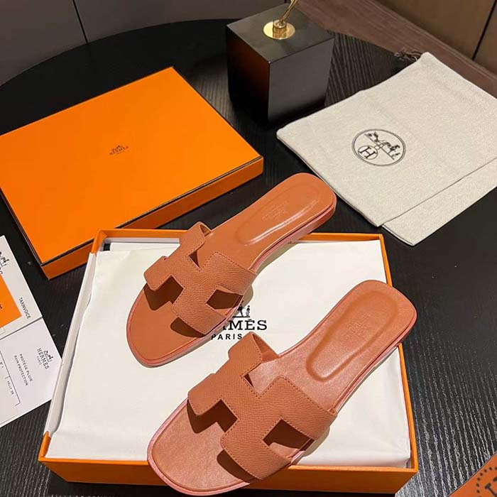 Hermes Unisex Oran Sandal Brown Epsom Calfskin Natural Leather Sole