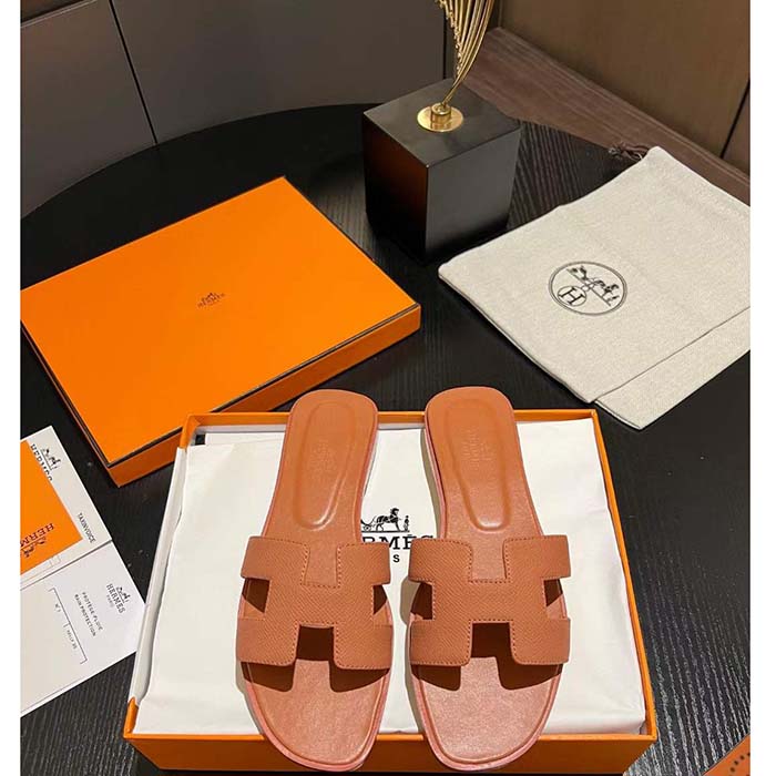 Hermes Unisex Oran Sandal Brown Epsom Calfskin Natural Leather Sole