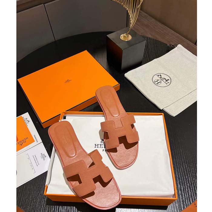 Hermes Unisex Oran Sandal Brown Epsom Calfskin Natural Leather Sole