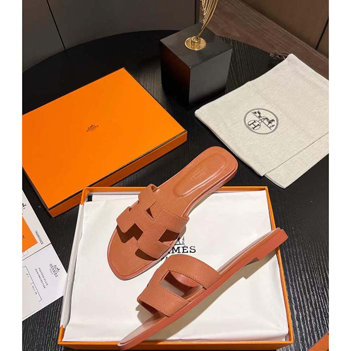 Hermes Unisex Oran Sandal Brown Epsom Calfskin Natural Leather Sole