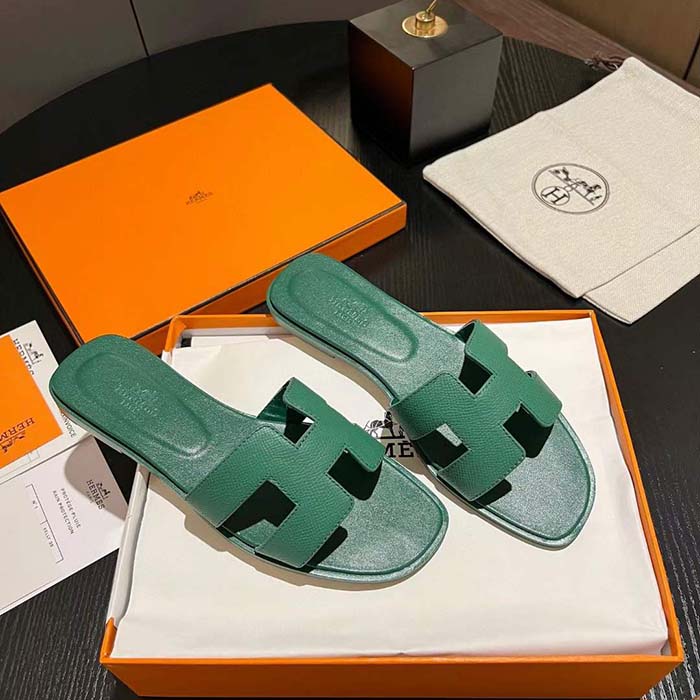 Hermes Unisex Oran Sandal Green Epsom Calfskin Natural Leather Sole