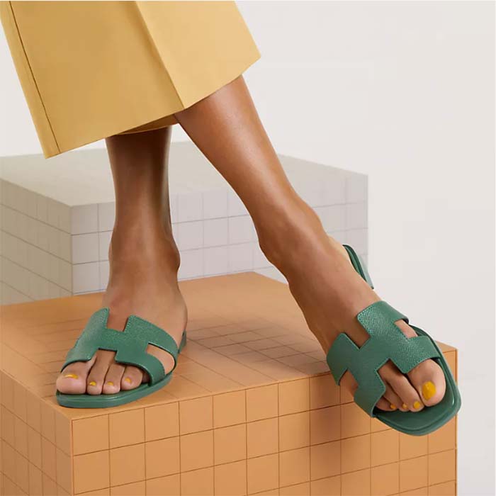 Hermes Unisex Oran Sandal Green Epsom Calfskin Natural Leather Sole