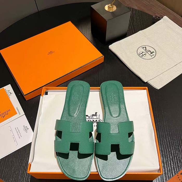 Hermes Unisex Oran Sandal Green Epsom Calfskin Natural Leather Sole