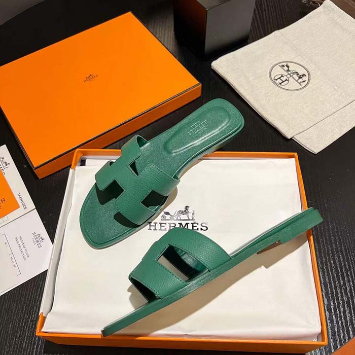 Hermes Unisex Oran Sandal Green Epsom Calfskin Natural Leather Sole