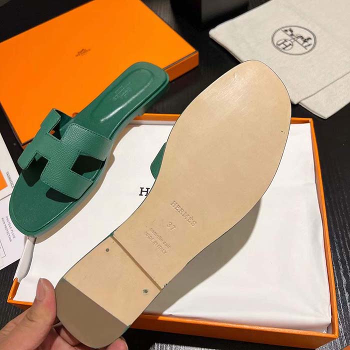 Hermes Unisex Oran Sandal Green Epsom Calfskin Natural Leather Sole