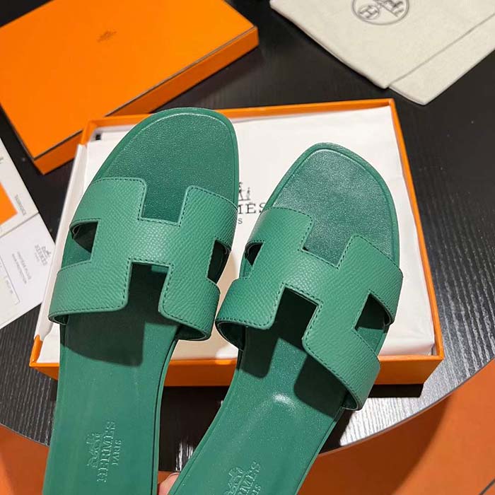 Hermes Unisex Oran Sandal Green Epsom Calfskin Natural Leather Sole