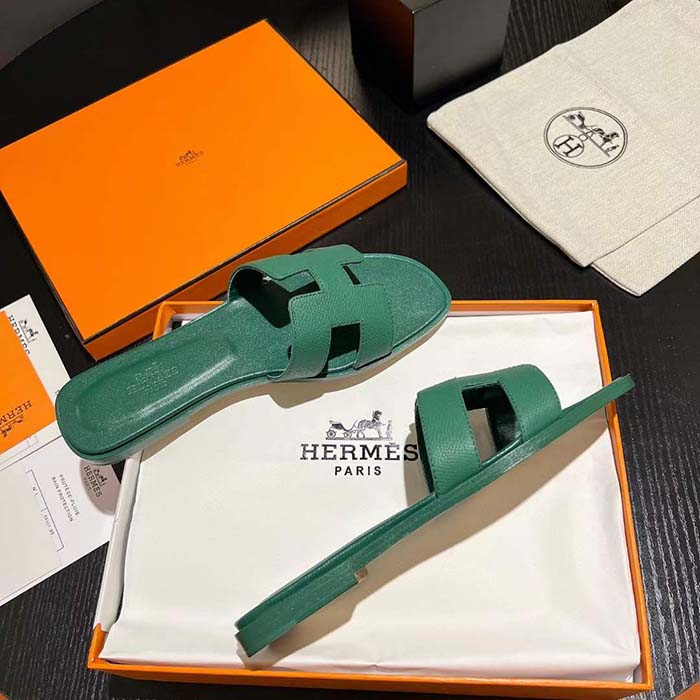 Hermes Unisex Oran Sandal Green Epsom Calfskin Natural Leather Sole