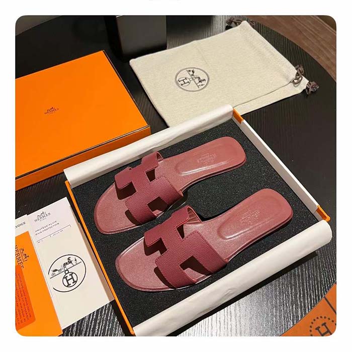 Hermes Unisex Oran Sandal Red Epsom Calfskin Natural Leather Sole
