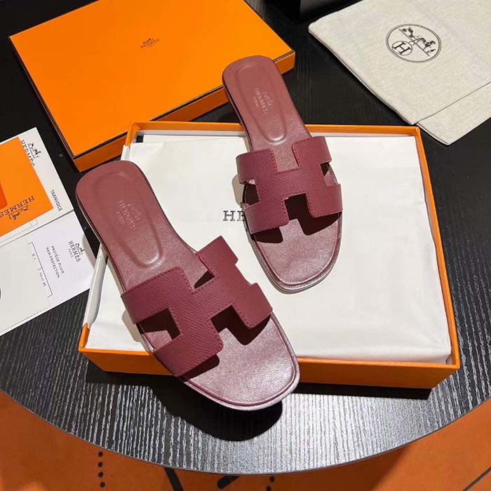 Hermes Unisex Oran Sandal Red Epsom Calfskin Natural Leather Sole