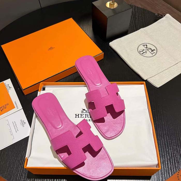 Hermes Unisex Oran Sandal Rose Pink Epsom Calfskin Natural Leather Sole