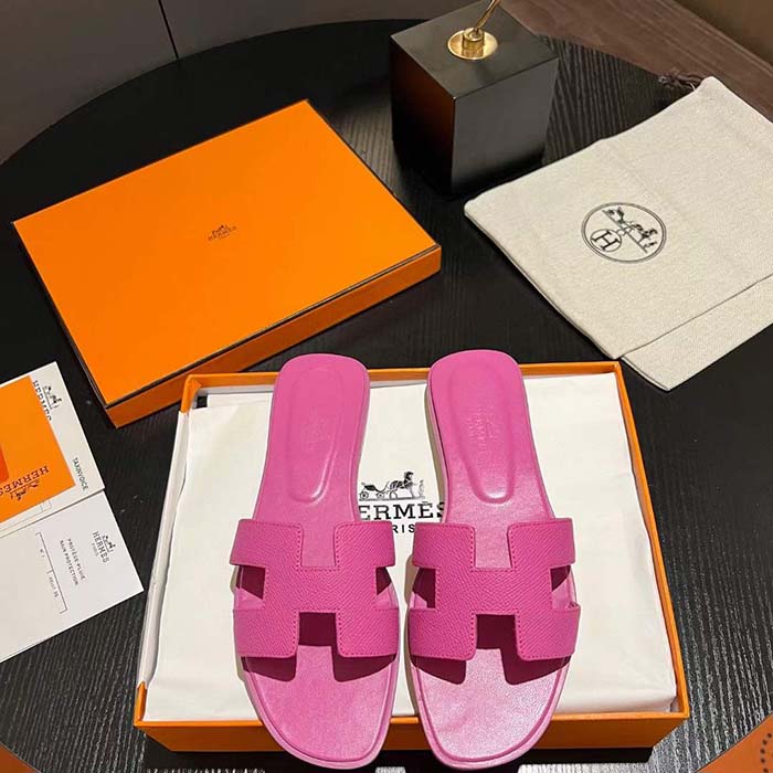 Hermes Unisex Oran Sandal Rose Pink Epsom Calfskin Natural Leather Sole