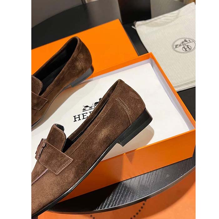 Hermes Unisex Paris Loafer Suede Goatskin Brown Leather Rubber Sole