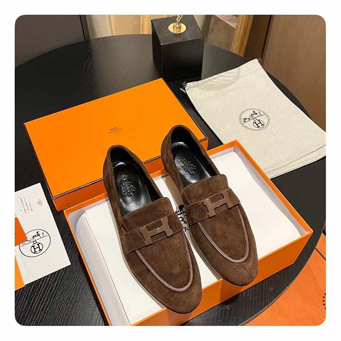 Hermes Unisex Paris Loafer Suede Goatskin Brown Leather Rubber Sole