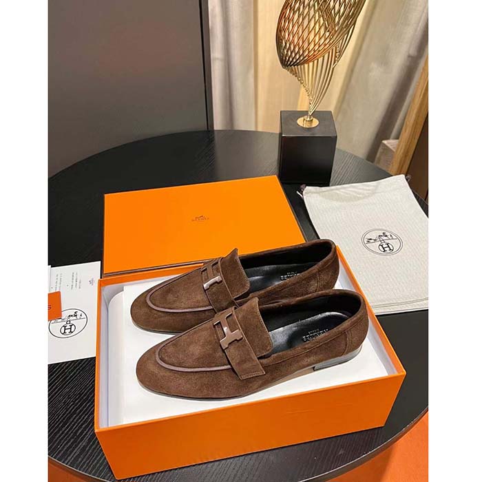 Hermes Unisex Paris Loafer Suede Goatskin Brown Leather Rubber Sole