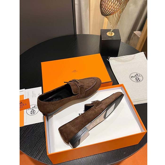 Hermes Unisex Paris Loafer Suede Goatskin Brown Leather Rubber Sole