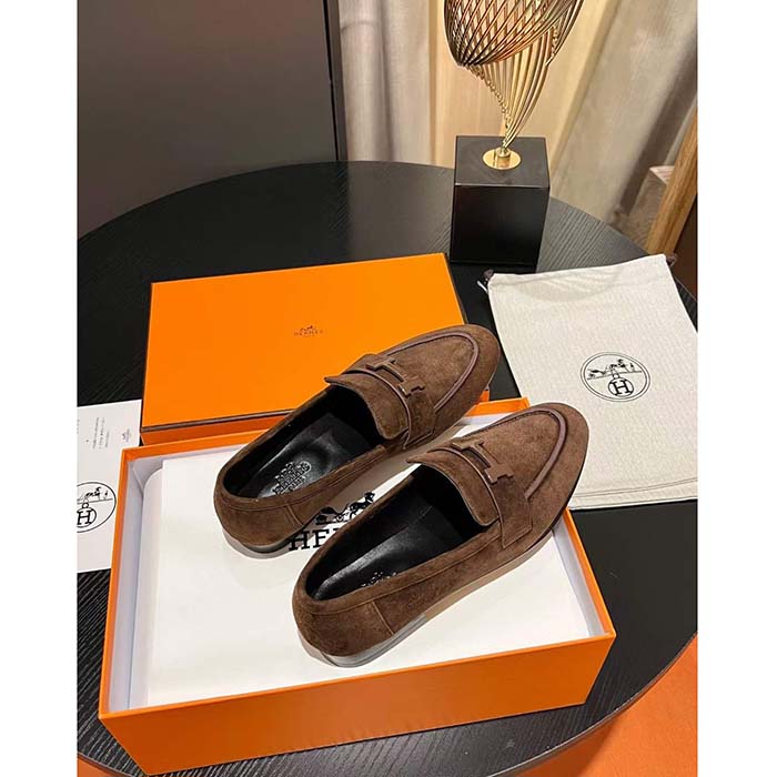 Hermes Unisex Paris Loafer Suede Goatskin Brown Leather Rubber Sole