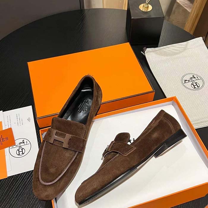 Hermes Unisex Paris Loafer Suede Goatskin Brown Leather Rubber Sole