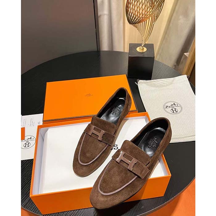Hermes Unisex Paris Loafer Suede Goatskin Brown Leather Rubber Sole