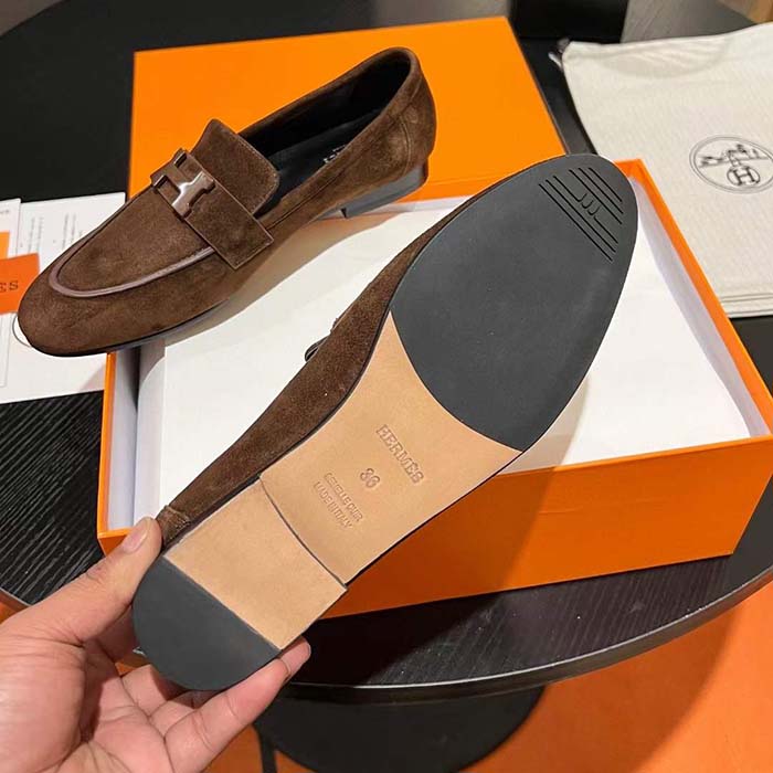 Hermes Unisex Paris Loafer Suede Goatskin Brown Leather Rubber Sole
