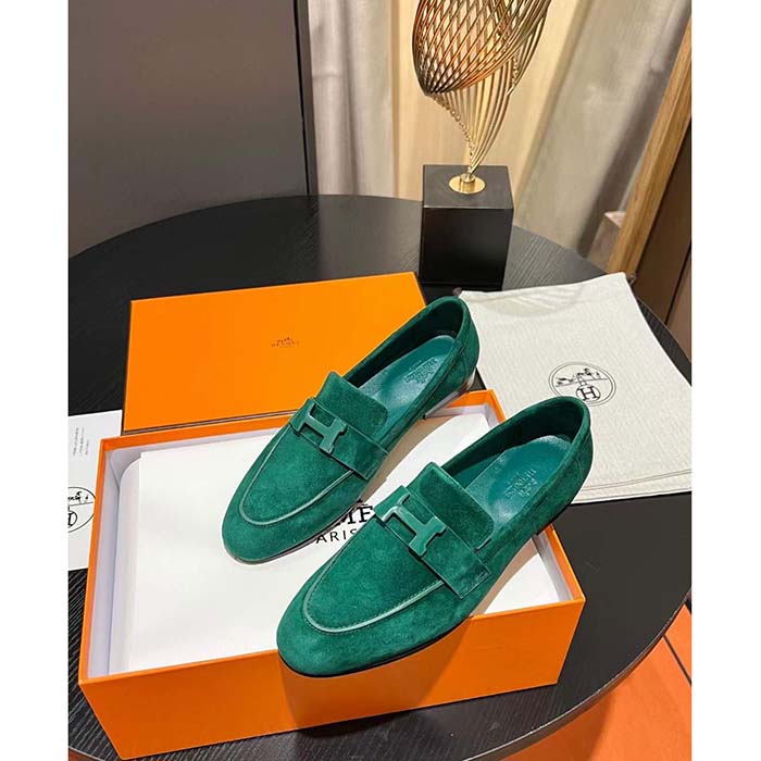 Hermes Unisex Paris Loafer Suede Goatskin Green Leather Rubber Sole