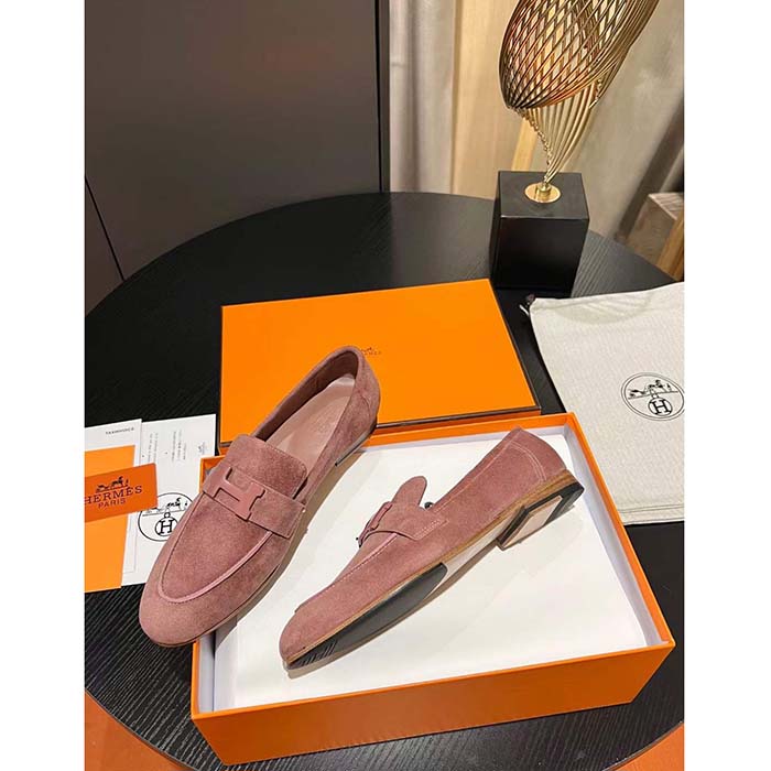 Hermes Unisex Paris Loafer Suede Goatskin Pink Leather Rubber Sole