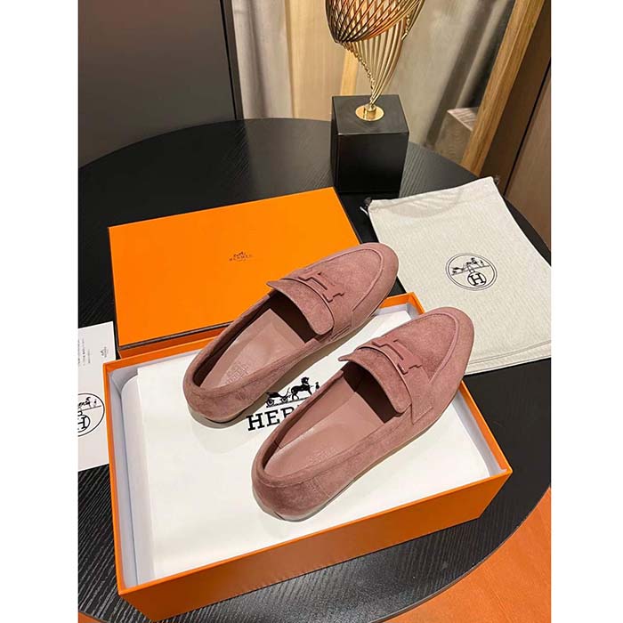 Hermes Unisex Paris Loafer Suede Goatskin Pink Leather Rubber Sole