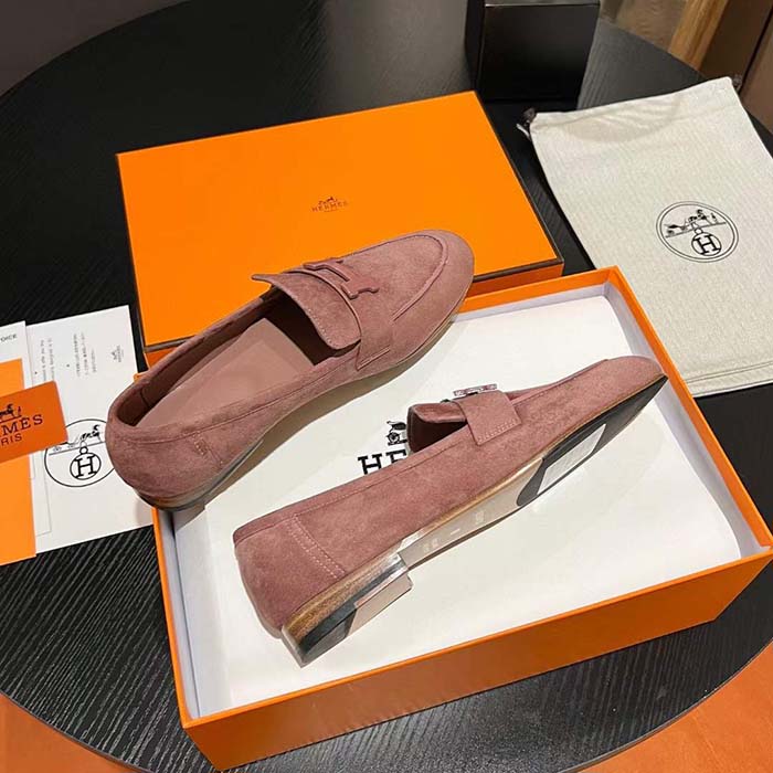 Hermes Unisex Paris Loafer Suede Goatskin Pink Leather Rubber Sole