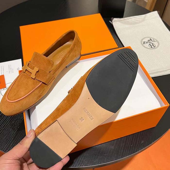 Hermes Unisex Paris Loafer Suede Goatskin Sandy Leather Rubber Sole