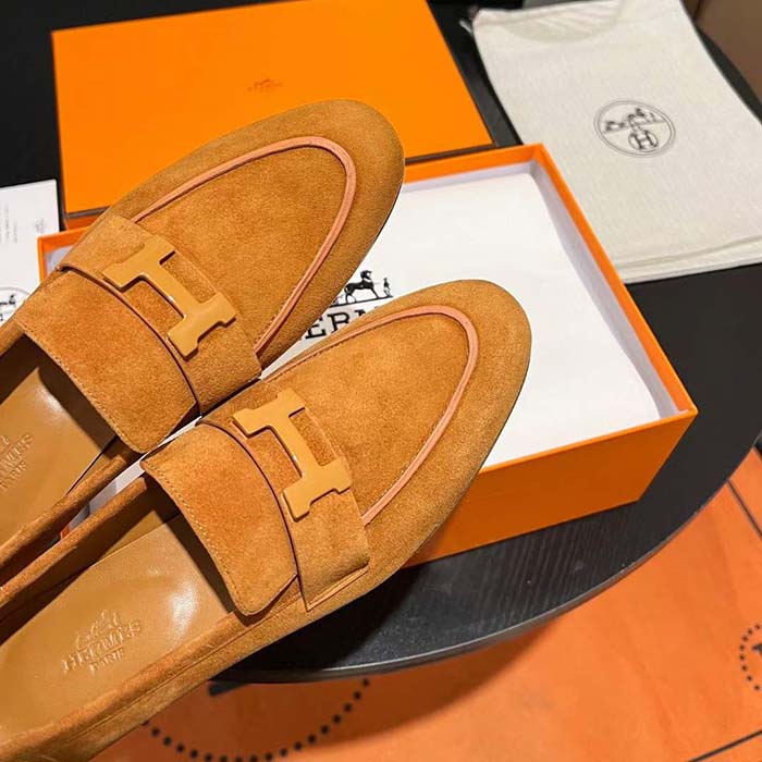Hermes Unisex Paris Loafer Suede Goatskin Sandy Leather Rubber Sole