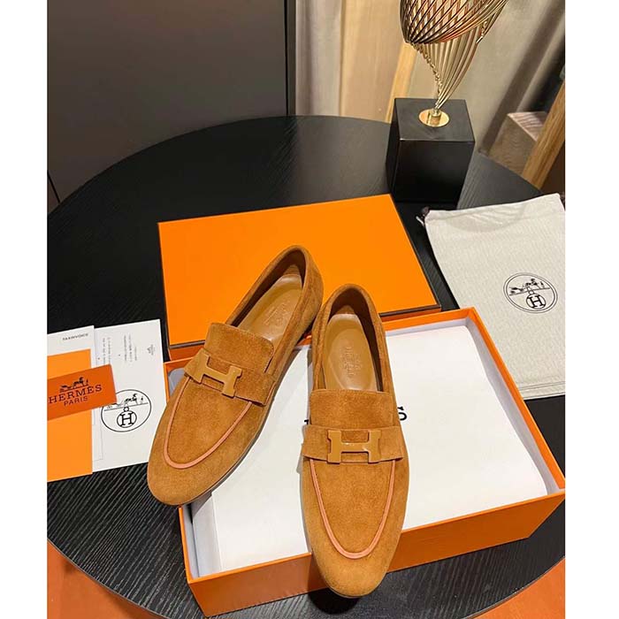 Hermes Unisex Paris Loafer Suede Goatskin Sandy Leather Rubber Sole