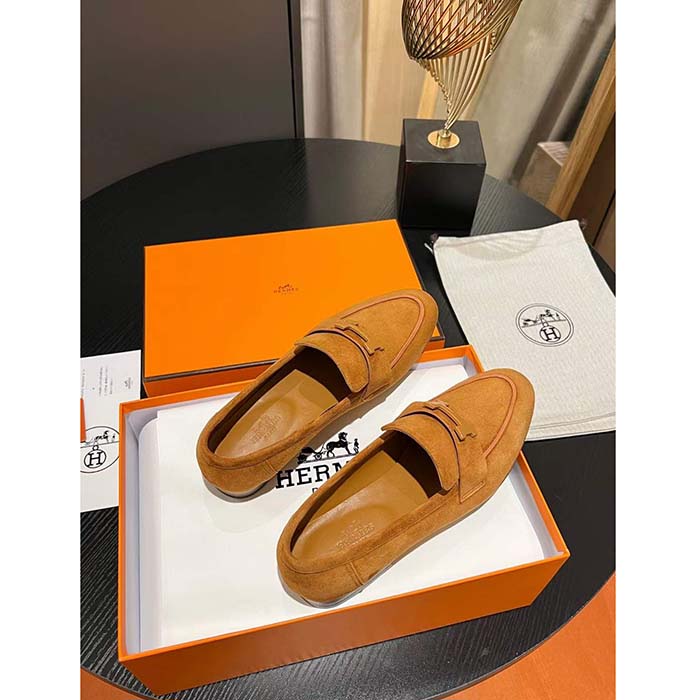 Hermes Unisex Paris Loafer Suede Goatskin Sandy Leather Rubber Sole
