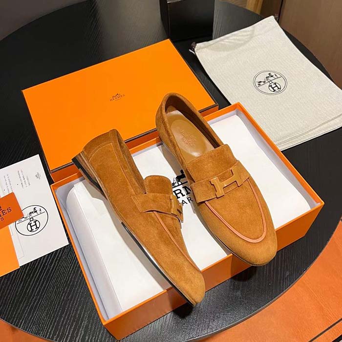 Hermes Unisex Paris Loafer Suede Goatskin Sandy Leather Rubber Sole