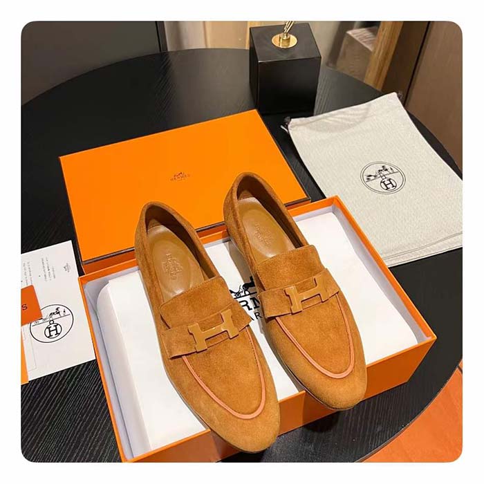 Hermes Unisex Paris Loafer Suede Goatskin Sandy Leather Rubber Sole