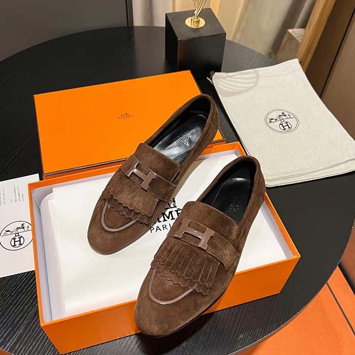Hermes Unisex Royal Loafer Suede Goatskin Brown Leather Rubber Sole