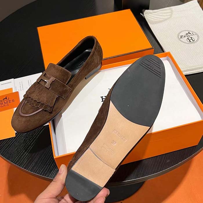 Hermes Unisex Royal Loafer Suede Goatskin Brown Leather Rubber Sole