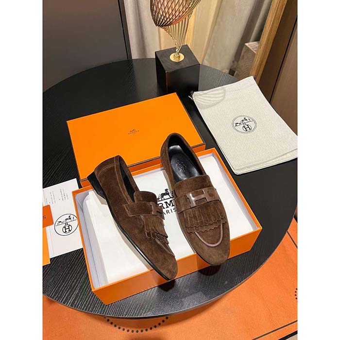 Hermes Unisex Royal Loafer Suede Goatskin Brown Leather Rubber Sole