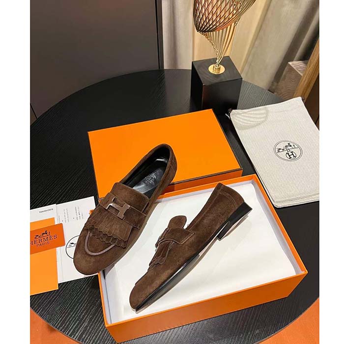 Hermes Unisex Royal Loafer Suede Goatskin Brown Leather Rubber Sole