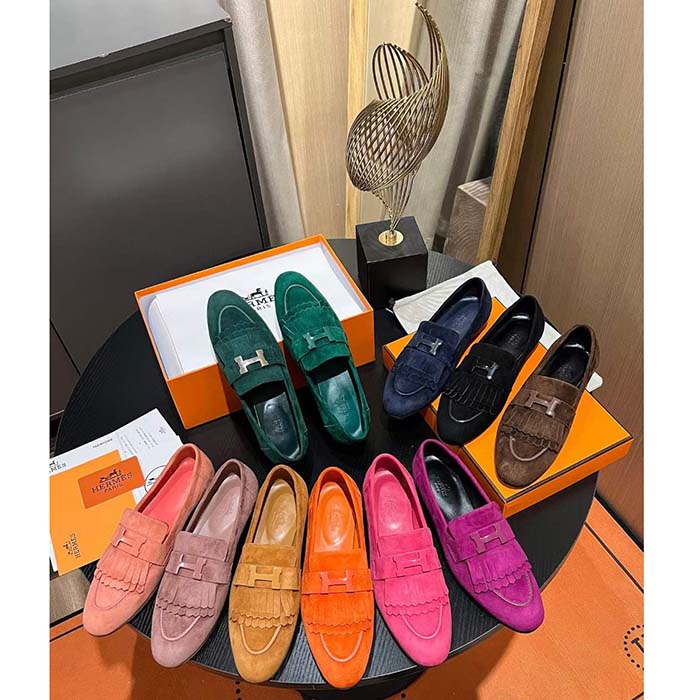 Hermes Unisex Royal Loafer Suede Goatskin Brown Leather Rubber Sole