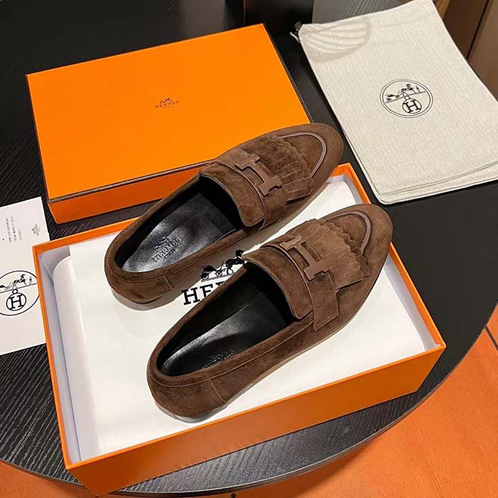 Hermes Unisex Royal Loafer Suede Goatskin Brown Leather Rubber Sole