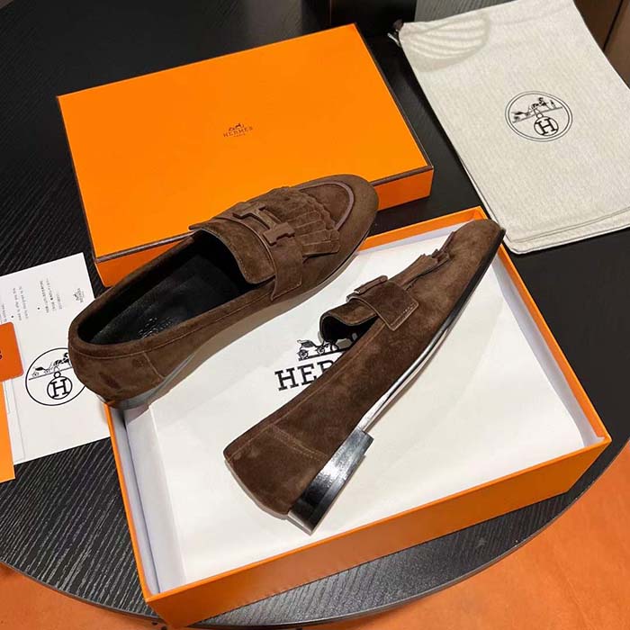 Hermes Unisex Royal Loafer Suede Goatskin Brown Leather Rubber Sole