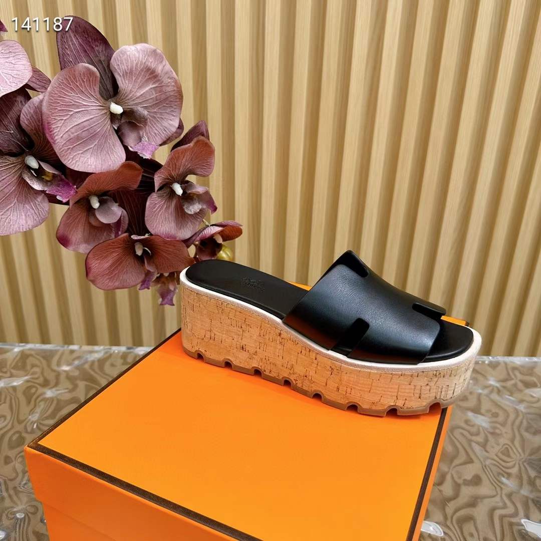 Hermes Women Eze 30 Sandal Natural Calfskin Black Rubber Sole