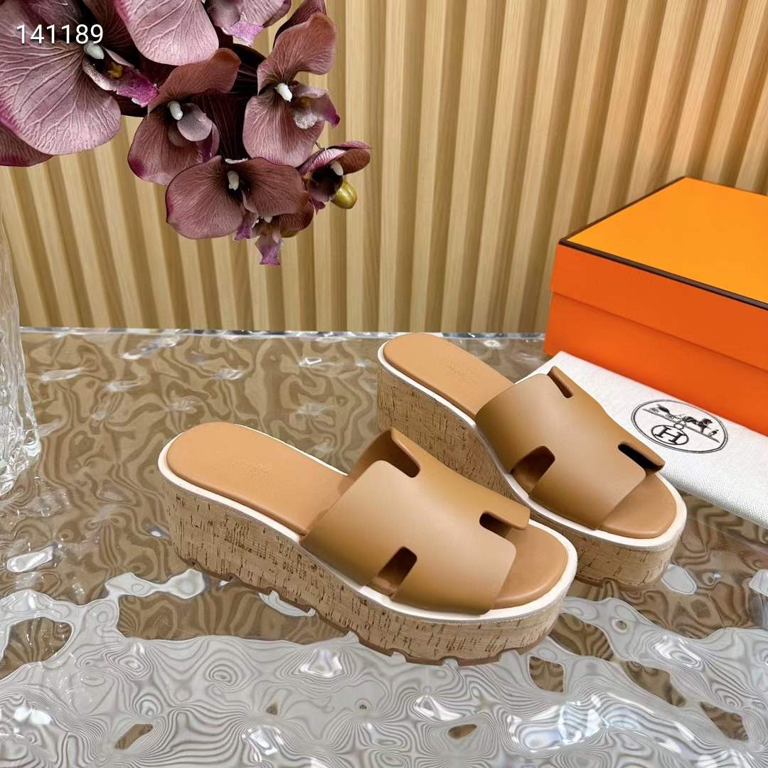 Hermes Women Eze 30 Sandal Natural Calfskin Brown Rubber Sole