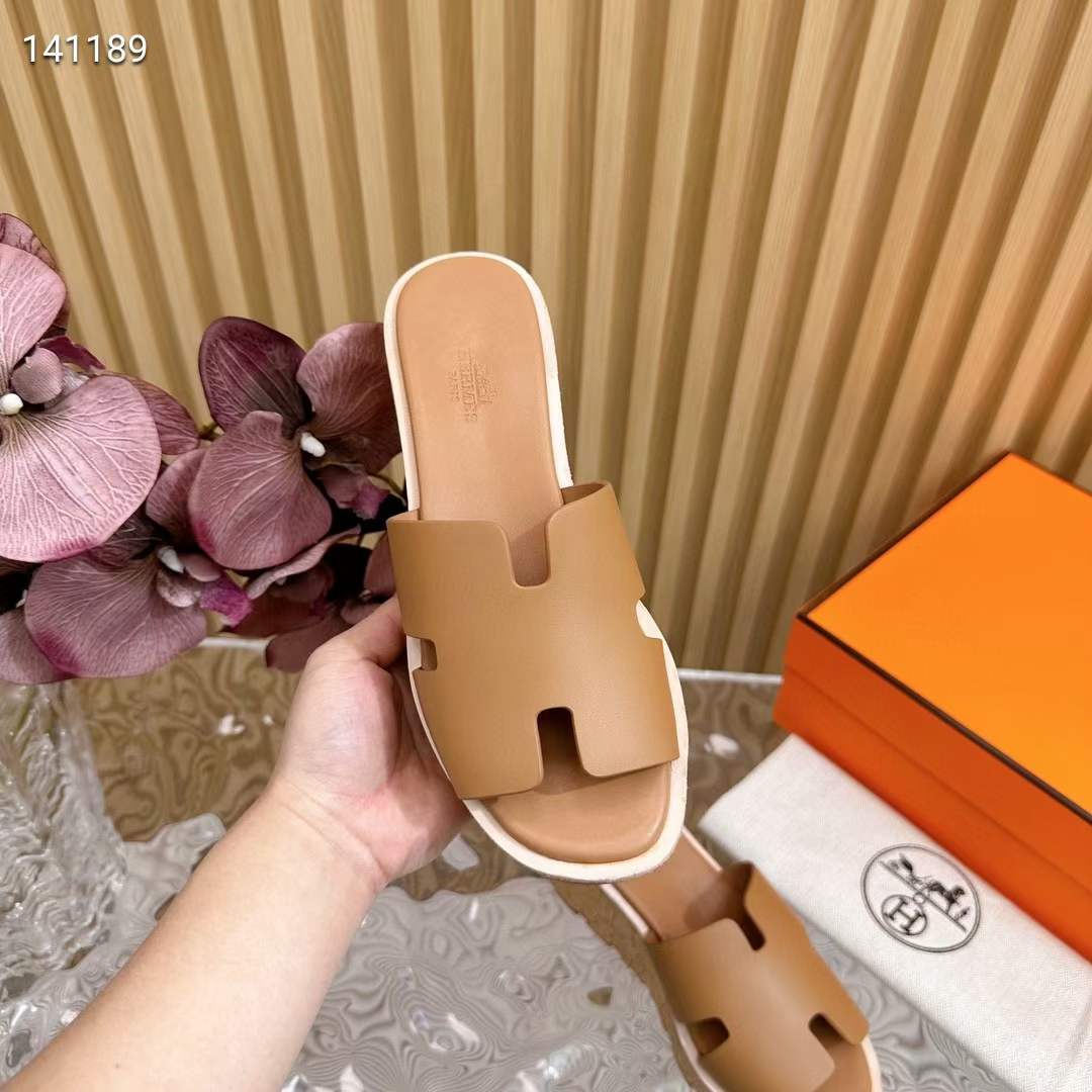 Hermes Women Eze 30 Sandal Natural Calfskin Brown Rubber Sole