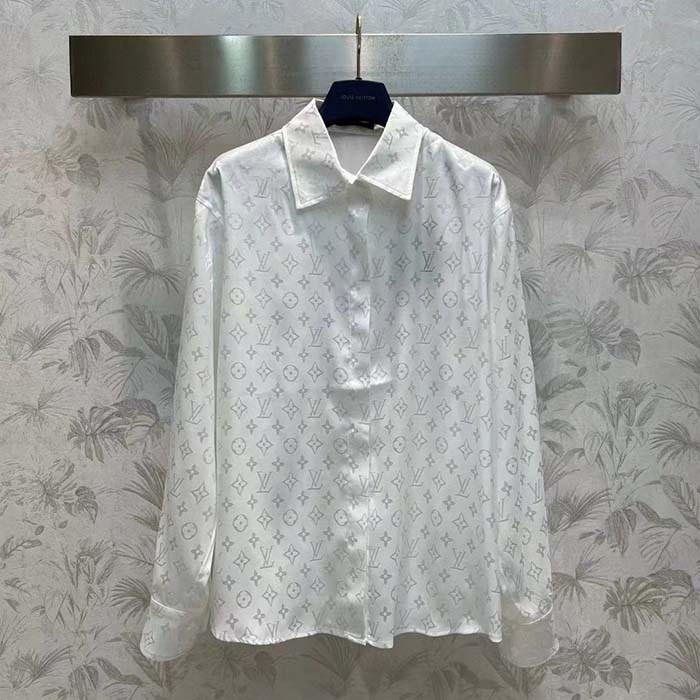 Louis Vuitton Men LV Monogram Long-Sleeved Silk Shirt White 1AFJUE